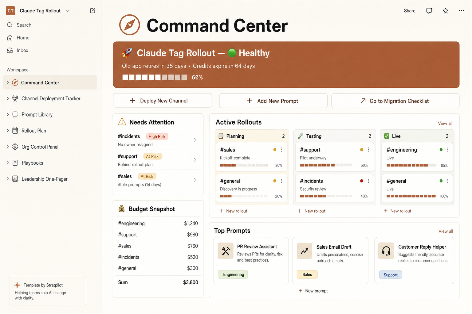 Claude Tag Rollout Command Center — the real Notion dashboard with rollout health, needs-attention list, and active rollouts board