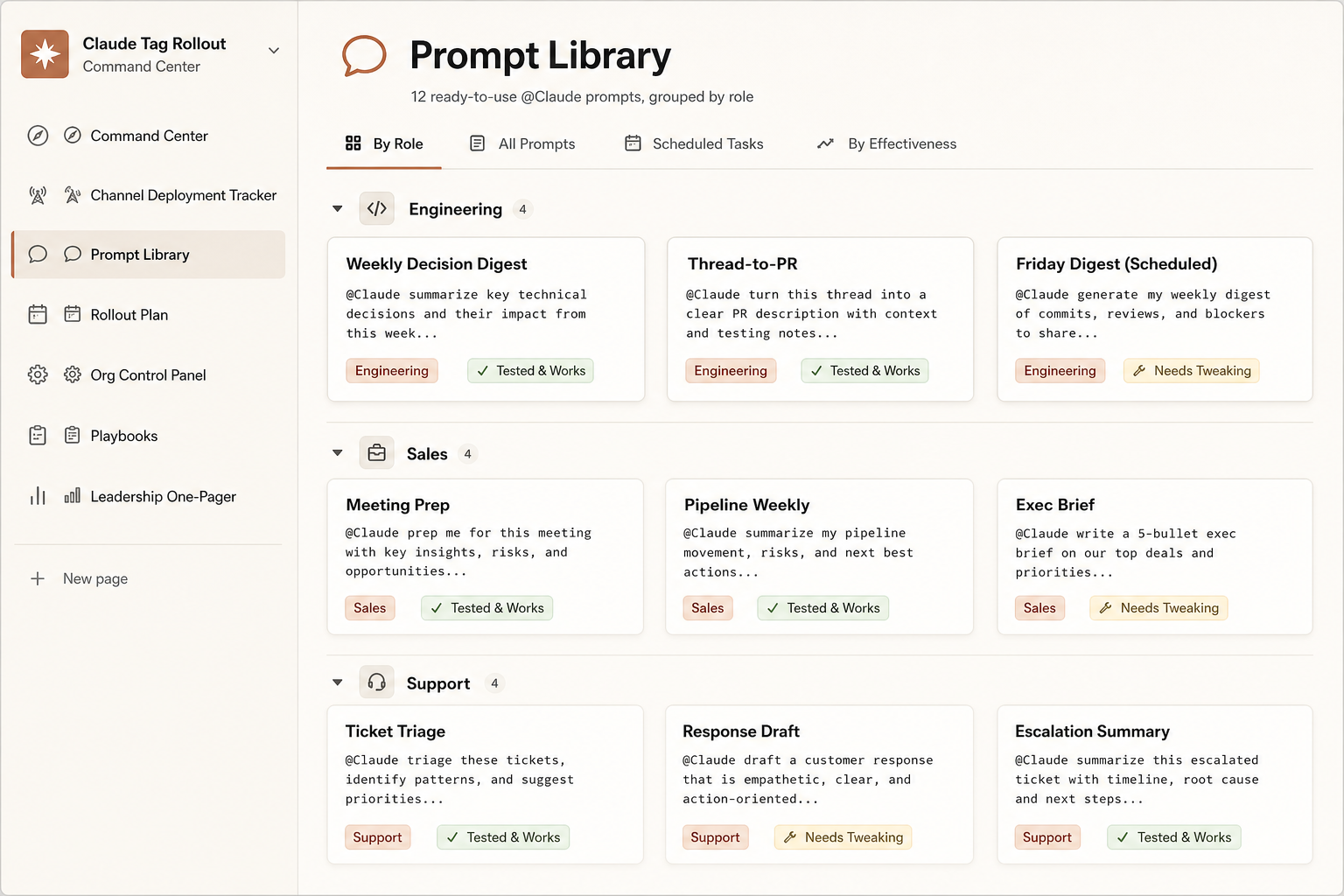 Notion Prompt Library — 12 ready-to-use @Claude prompts grouped by team, each marked tested